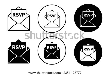 RSVP icon set. invitation envelope vector symbol. party invite email sign in black filled and outlined style.