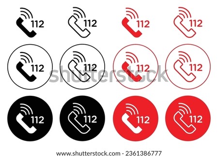 emergency 112 call icon set. sos phone number with telephone vector symbol in black and red filled and outlined style