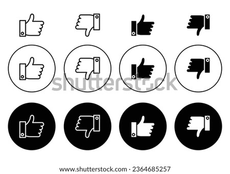 Thumbs up and thumbs down icon set in black filled and outlined style. suitable for UI designs