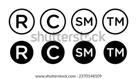 Copyright, Registered, Trademark, Service mask icon set in black filled and outlined style. suitable for UI designs