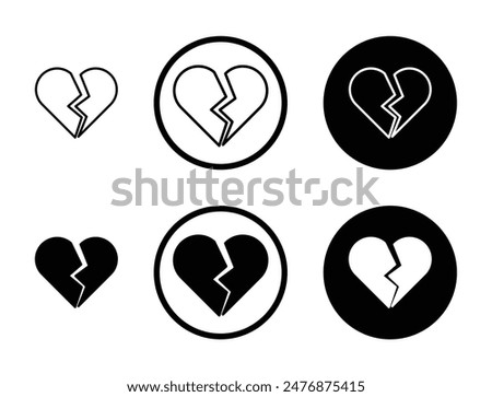 Heart Crack black filled and outlined icon set