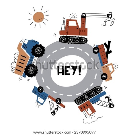 Hand drawn cute cars - Truck, tractor, cargo crane, claw tractor in cartoon style. Vector set with cute cars for fabric, textile, postcard, apparel or kids room design, bag or cup. Premade card EPS10 