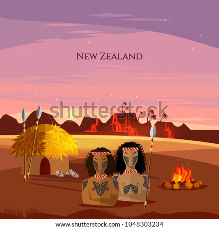 New Zealand. Village of aboriginals Maori of New Zealand. People of Maori, tradition and culture. Mountains and beach landscape, natives 