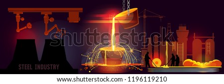 Steel industry banner. Smelting of metal in big foundry. Iron and factory workshop.  Worker. Metallurgy process. Hot steel pouring in plant 