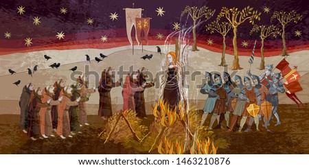 Medieval scene. Inquisition. Burning witches. Middle Ages parchment style. Joan of Arc (Jeanne d'Arc) concept. Monks and soldiers at a fire with the witch. Ancient book vector illustration 