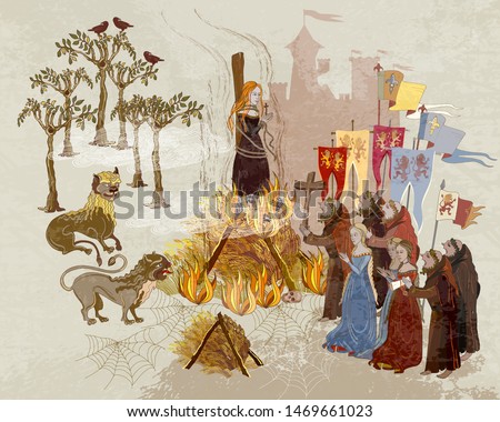 Medieval scene. Inquisition. Burning witches. Monks at a fire with the witch. Middle Ages parchment style. Joan of Arc (Jeanne d'Arc) history. Ancient book vector illustration 