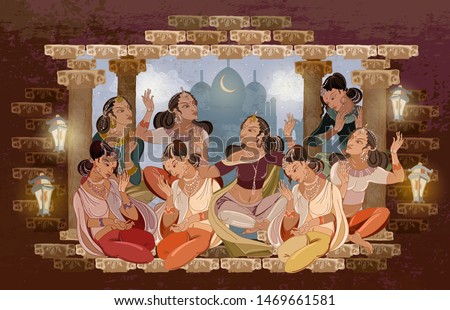 East murals. Women in national ethnic clothes. Arabic frescos. Fashion islamic princesses. Scheherazade tell fairy tales in moonlight night. Beautiful indian girls in harem. Culture of India 