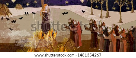 Medieval scene. Inquisition. Burning witches. Monks at a fire with the witch. Ancient book illustration. Middle Ages parchment style. Joan of Arc (Jeanne d'Arc) concept 