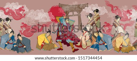Japanese horizontal seamless pattern. Samurai, gragons and geishas. Ancient illustration. Classical engraving art. Asian culture. Kabuki actors. Medieval Japan background