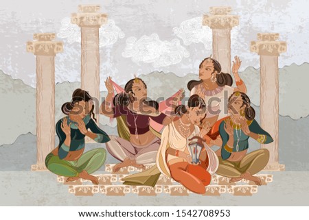 Women in national national ethnic clothes. East murals. Scheherazade tell fairy tales in night. Beautiful indian girls in harem. Culture of India. Arabic frescos. Fashion islamic princesses 