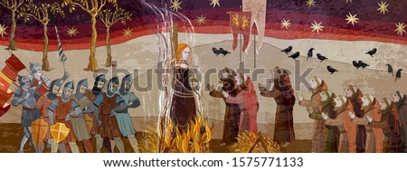 Medieval scene. Inquisition. Burning witches. Ancient book vector illustration. Middle Ages parchment style. Joan of Arc (Jeanne d'Arc) concept. Monks and soldiers at a fire with the witch 