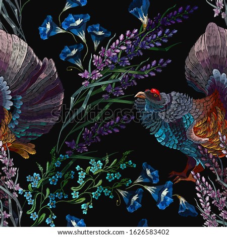 Wood grouse and lavendeer flowers, horizontal seamless pattern. Embroidery. Wild animals, template for clothes and t-shirt design. Fashion summer floral art 