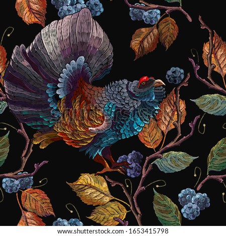 Wood grouse birds, blackberry and autumn leaves seamless pattern. Embroidery. Wild animals, template for clothes and t-shirt design 