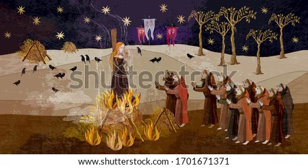 Medieval scene. Inquisition. Burning witches. Middle Ages parchment style. Joan of Arc (Jeanne d'Arc) concept. Monks at a fire with the witch. Ancient book art 