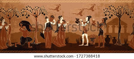Ancient Greece. Horizontal seamless pattern. Old history and culture.  Goddesses and people. Black figure pottery style. Greek mythology art