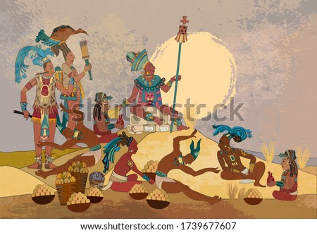 Ancient Mayan. Mural Painting. Seamless pattern. Old frescos style. Inca people. Pyramid and tribe. Maya background. Historical art. Ancient mexican history 