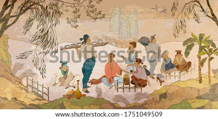 Ancient China. Oriental people. Tea ceremony. Traditional Chinese paintings. Tradition and culture of Asia. Classic wall drawing. Murals and watercolor asian style. Hand-drawn vector illustration 