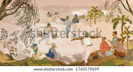 Ancient China. Oriental people. Tea ceremony. Old village, peasants. Traditional Chinese paintings. Tradition and culture of Asia. Classic wall drawing. Murals and watercolor asian style 
