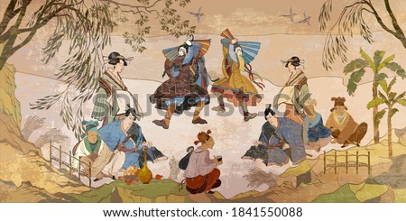 Tradition and culture of Asia. Classic wall drawing. Murals and watercolor asian style. Ancient China and Japan. Oriental people. Tea ceremony. Traditional Chinese paintings 
