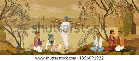 Tea ceremony. Ancient China. Hand-drawn vector illustration. Oriental people. Classic wall drawing. Murals and watercolor asian style.  Traditional Chinese paintings. Tradition and culture of Asia 
