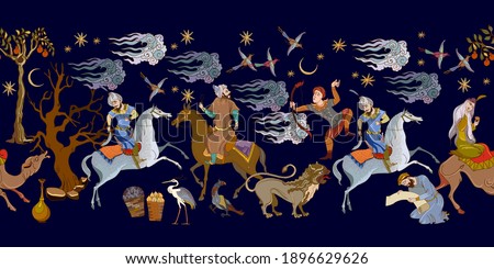 Thousand and One Nights art. Ancient civilization murals. Middle East. Fairy tales and legends. Seamless patern. Persian frescoes. Medieval miniature. Mughal art. Ottoman Empire book miniature 