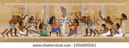 Ancient Egypt. Mummification process. Hieroglyphic carvings. History wall painting, tomb King Tutankhamun. Concept of a next world. Pharaoh sarcophagus. Egyptian gods, mythology 