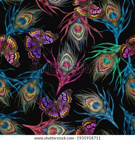 Colorful peacock feathers. and flying butterflies. Embroidery. Tropical birds art. Seamless pattern. Fashion template for clothes, textiles, t-shirt design
