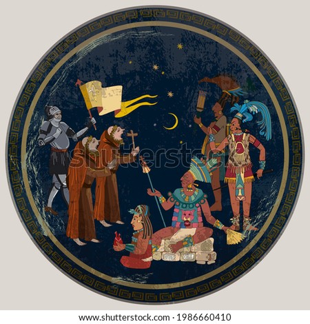 Maya art. Conquest of America. Historical background. Ancient mexican mesoamerican history. Ancient Mayan. Mural Painting. Old frescos. Conquistadors and Aztec and Inca people. Pyramid and tribe 