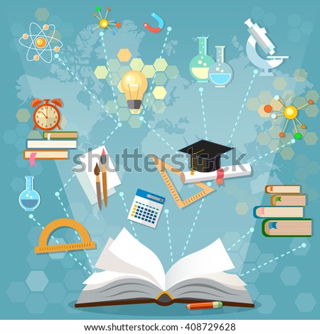 Time to education open book back to school school subjects power of knowledge vector illustration 