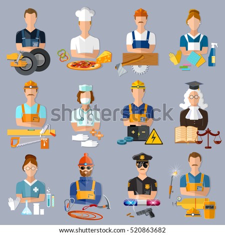 Collection professions. Auto mechanic, cook, carpenter, laundress, electrician, judge, doctor, pharmacist, climber, policeman, welder vector illustration. Profession people and avatars collection.