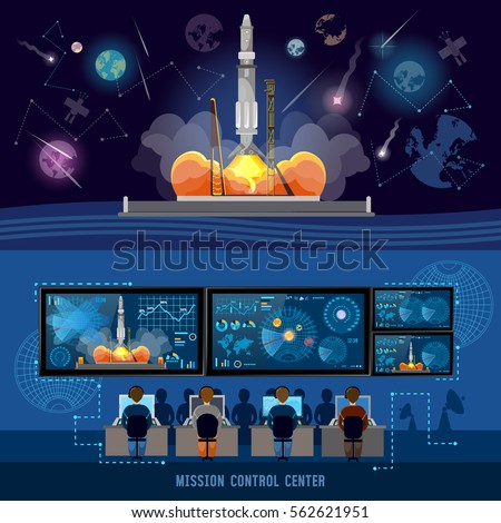 Mission Control Center, start rocket in space. Modern space technologies, return report of start of rocket. Space shuttle taking off on mission, spaceport 