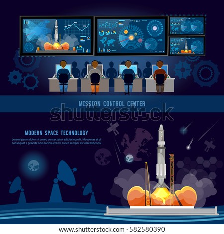 Mission Control Center, start rocket in space. Space shuttle taking off on mission, future spaceport. Modern space technologies, return report of start of rocket 