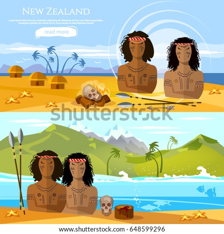 New Zealand banners. People of Maori, tradition and culture New Zealand. Mountains and beach landscape, natives. Village of aboriginals