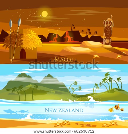 New Zealand banners. Tradition and culture New Zealand. Mountains and beach landscape, natives. Village of aboriginals Maori of New Zealand 