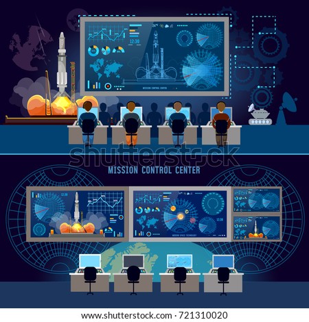 Mission Control Center banner, start rocket in space. Modern space technologies, return report of start of rocket. Space shuttle taking off on mission, spaceport 