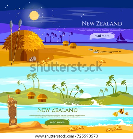 New Zealand banners. Mountains and beach landscape, natives. Village of aboriginals Maori of New Zealand. Tradition and culture