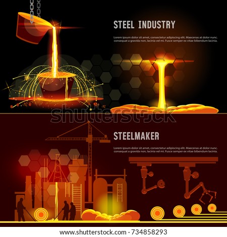 Steel industry banner. Hot steel pouring in steel plant. Smelting of metal in big foundry. Iron and factory workshop. Steel worker. Metallurgy process 