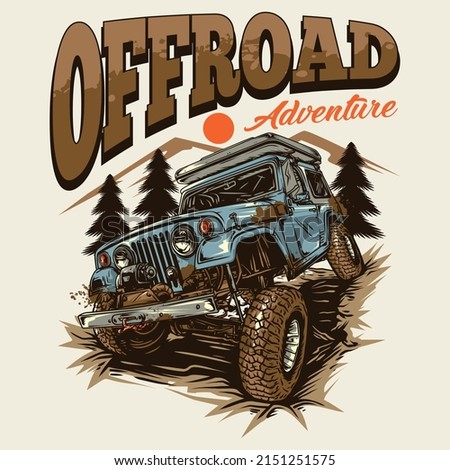 Off road car illustration with mountain view