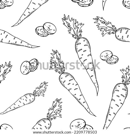 seamless black and white pattern with carrots and two slices cut off, simple hand drawing