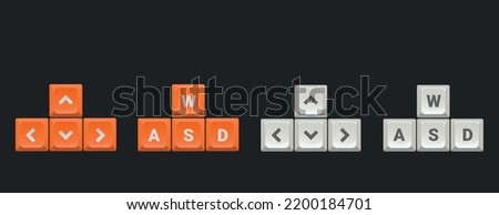 Vector vivid illustration with the main keys for games. In orange and white isolated on a dark background. 