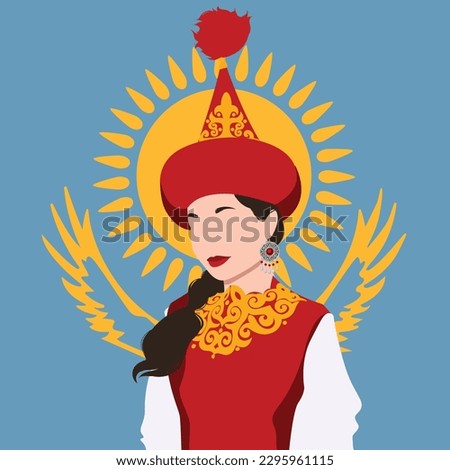 vector illustration portrait Kazakhstan woman in national costume on the background of the traditional flag a gold sun with 32 rays above a soaring golden steppe eagle