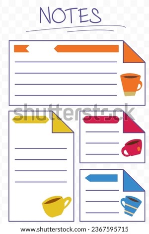Set of vector stickers for notes. Stickers come in a variety of sizes with a colorful accent and cute coffee and tea cups for taking notes with space for text. Isolated from the background.