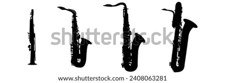 Set of black silhouettes of saxophones. Vector saxophones on a white background. Classic instruments symbols for store or music app.