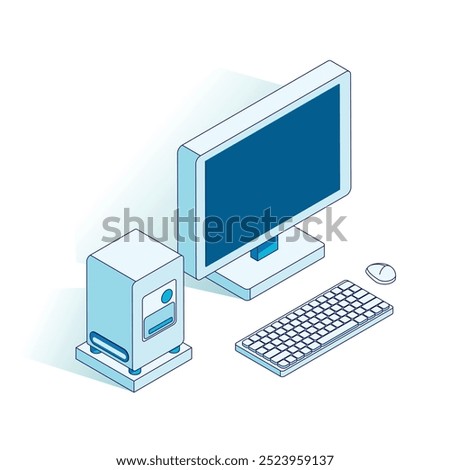 Vector illustration of a monitor and a system unit in isometric projection: modern and stylish design of computer equipment, made in minimalistic graphics, which is suitable for projects