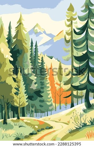 Vertical forest panorama watercolor. Forest drawing. Eco forest. Vector watercolor illustration.