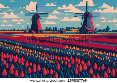 Tulip fields in Holland, tulips and windmills, Holland country, vector illustration