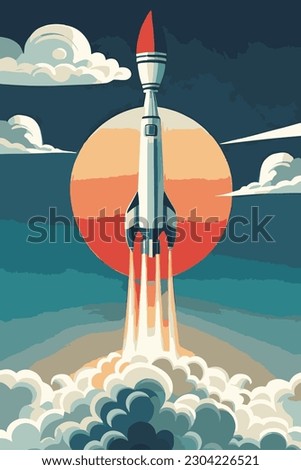 Taking off rocket. Cartoon retro rocket. Vintage rocket vector illustration.