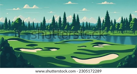 Golf course, golf field watercolor, panorama of golf course