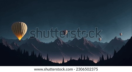 Hot air balloons flying over the mountains. Balloons at night. Mountains vector illustration.