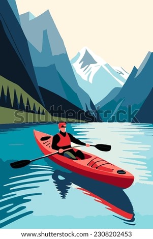 Athlete in a kayak with a paddle. Rowing illustration. The athlete is rowing in a boat.